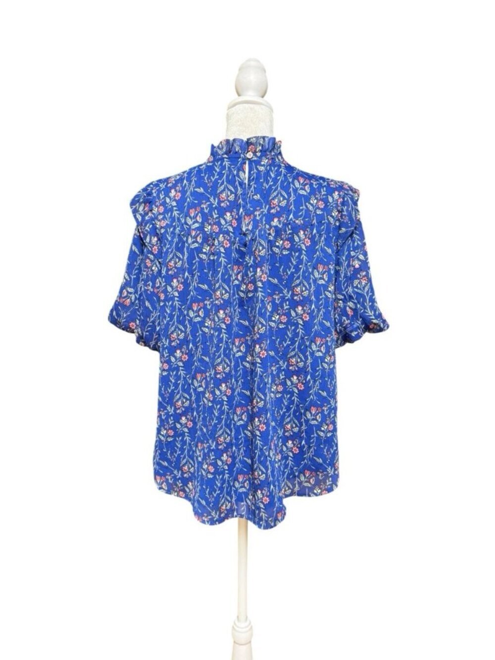 LOFT Floral Ruffle Neck Blouse Blue Long Sleeve Size Large - Picture 2 of 4